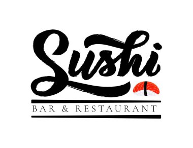Suşi bar ve Restoran hat yazı, Japon gıda amblemi simge şeklinde suşi, rulo ve sopa ver. Vektör. Şablon / logo, kartvizit, afiş, poster, yazıt, el ilanı