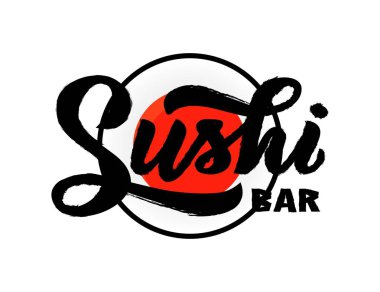 Suşi bar el hat yazı siyah arka plan, Japon yemekleri arması. Vektör. Şablon logo, kartvizit, afiş, poster, yazıt paket ürün, el ilanı, menü /