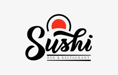 Suşi bar ve Restoran hat yazı, Japon gıda amblemi simge şeklinde suşi, rulo ve sopa ver. Vektör. Şablon / logo, kartvizit, afiş, poster, yazıt, el ilanı