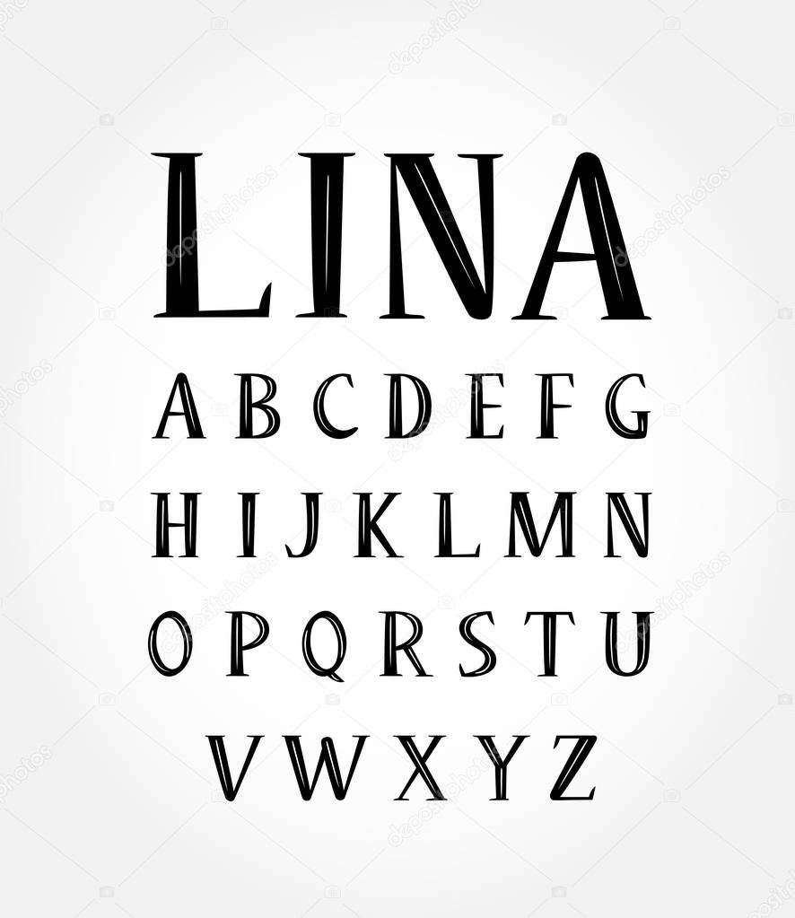 Vector abstract alphabet. Black color. Font isolated. Capital letters with serifs and white highlight.
