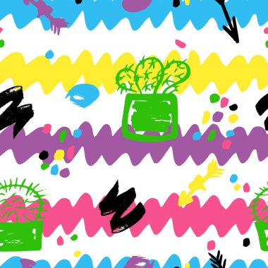 Kaktüs tencere ile kesintisiz çizgili desen. Beyaz arka plan üzerinde renkli. Elle çizilmiş fırça dokusu. Vektör çizim. Bebek Giyim, çanta, havlular, kumaş, tekstil, Web sitesi, duvar kağıdı zemin kaydırma kart baskı için