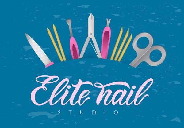 Ręka napis Elite nail studio, z narzędzia. Wektor logo. Nowoczesnej kaligrafii. — Wektor stockowy