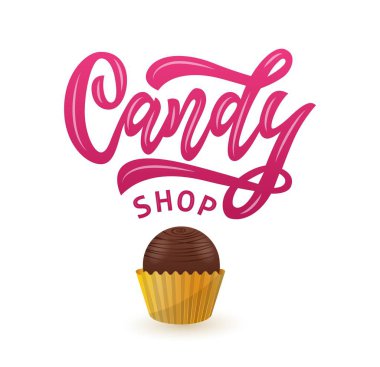 El yazısı logosu şeker kamışı ile Candy Shop. vektör illüstrasyon