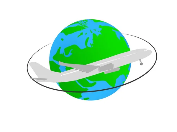Ícone de avião e mundo. Bandeira da Terra. Ilustração vetorial — Vetor de Stock