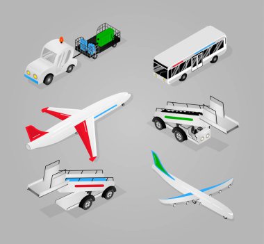 Havaalanı ulaşım elemanları airplans, otobüs, kargo araba yükleyici, merdiven. Vektör isometrik simge çizimi.