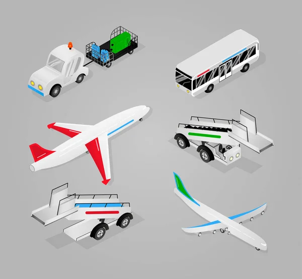 Airport transport elements airplans, bus, cargo cars loader, stairs. Vector isometric icon illustration. — Stock Vector