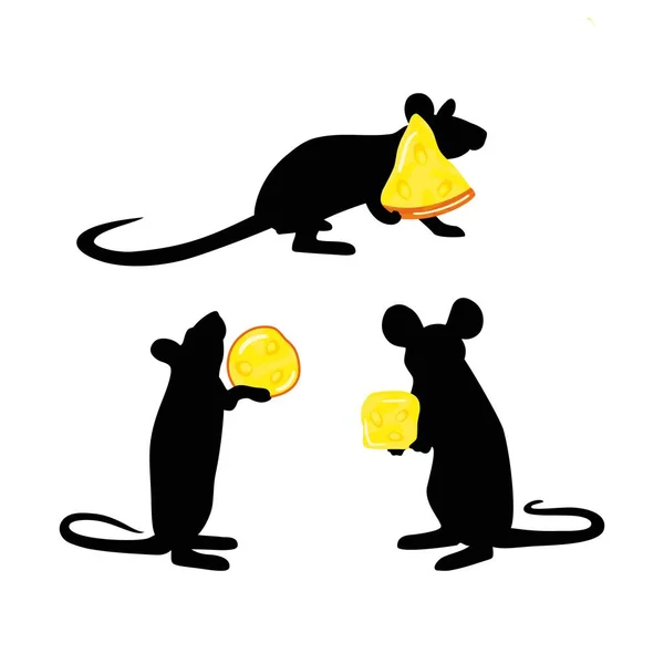 Мышь с кусочком сыра в виде черного силуэта на белом фоне. Вектор — стоковый вектор