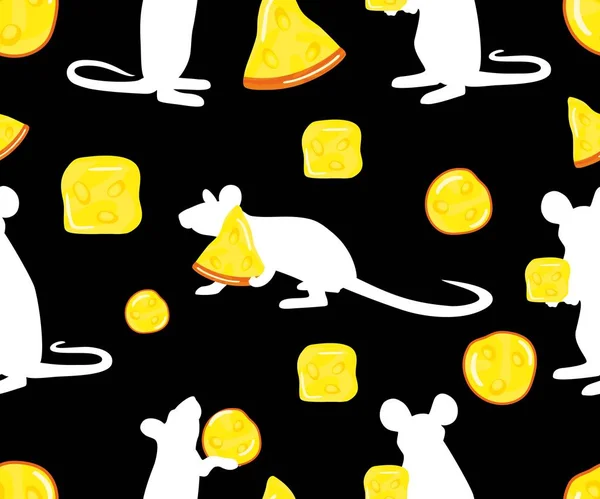 Souris motif sans couture avec morceau de fromage, silhouette blanche sur fond noir. Vecteur — Image vectorielle