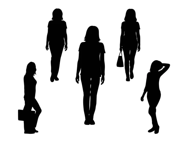 Ensemble de silhouette noire de femme debout, avec sac sur fond blanc . — Image vectorielle