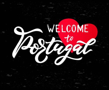 El yazısı Tebeşir tahtası nda kalp ile Portekiz hoş geldiniz. Seyahat logosu.