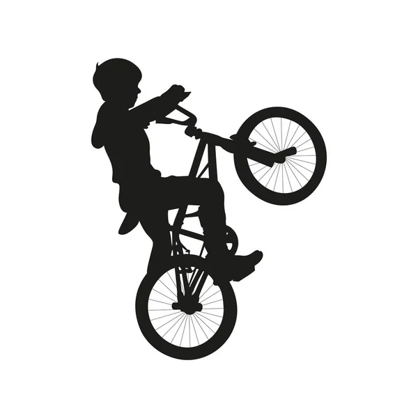 Icono aislado de silueta blak de niño en bicicleta sobre fondo blanco . — Vector de stock