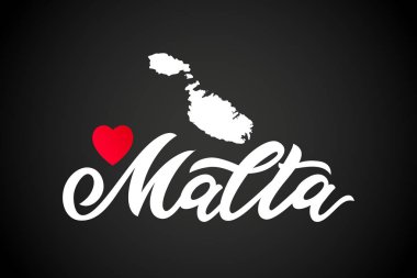 Siyah arka plan üzerinde el harfleri modern kaligrafi Malta kelime, harita silueti, kalp.