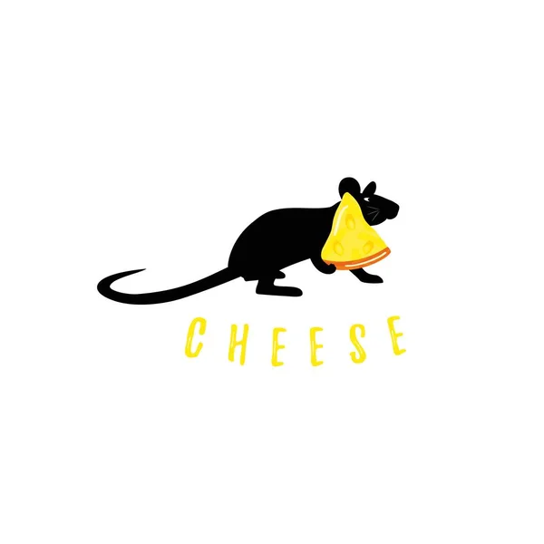 Maus mit Stück Käse schwarze Silhouette auf weißem Hintergrund. mit Text — Stockvektor