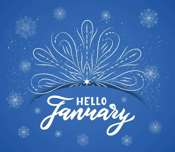 Kaligrafi tulisan tangan Halo Januari dengan kepingan salju di biru. Ilustrasi vektor . - Stok Vektor
