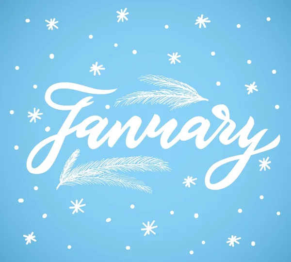 Mão caligrafia lettering janeiro com floco de neve e ramo de abeto. Ilustração vetorial . — Vetor de Stock