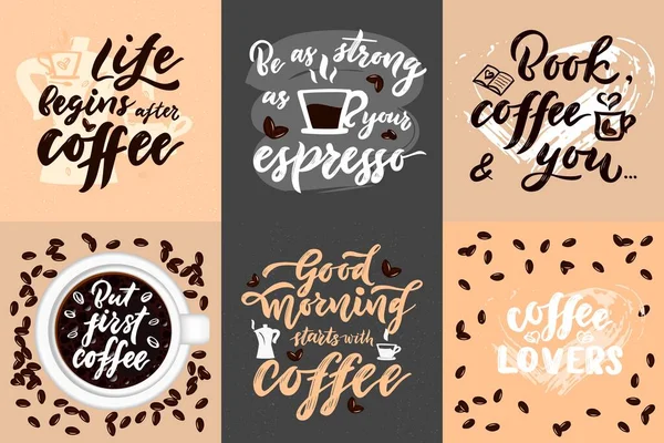 Set of coffee quotes. Inscription of greeting card, cup, mug print, banner, flyer, invitation, package product for cafe, restaurants. Hand calligraphy lettering — Stock Vector