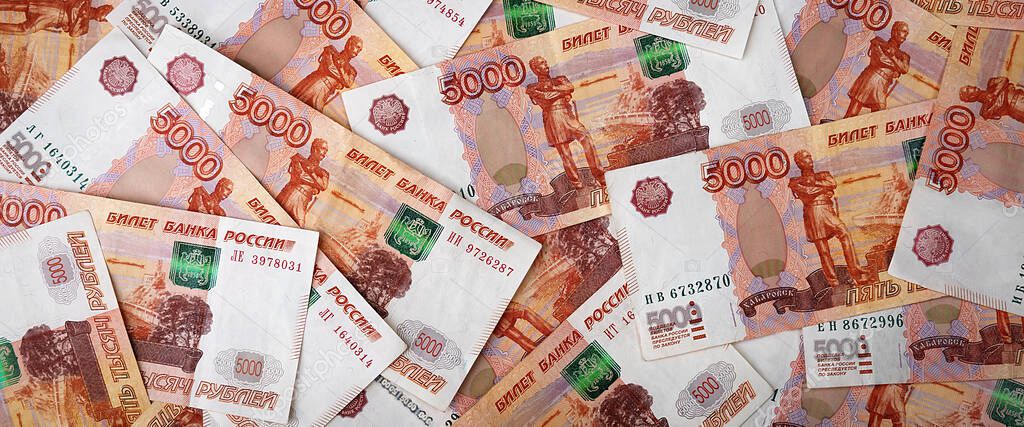 Download Russian Money Banknotes Of Five Thousand Rubles Background Banknotes Are Located Throughout The Image Layout Mockup 404077310 Larastock
