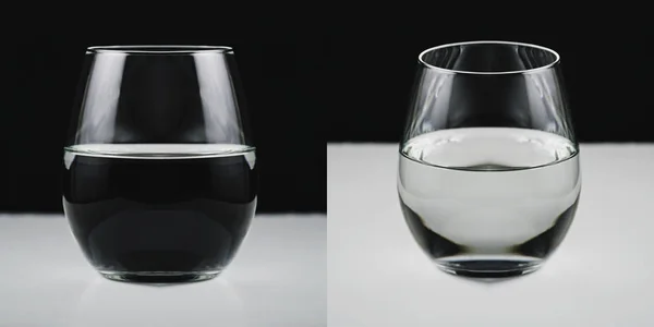 Yarım su dolu bir cam kavram resmi. İki iyi ve kötü aynı nesne veya durum görmek bakış açıları - karşılaştırılması. Tam simetrik gözlük ve hiçbir gölgeler için düzenlenmiş.