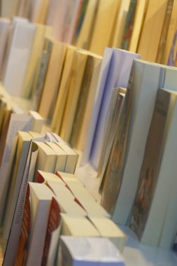 Uluslararası kitap fuarı Torino İtalya 'nın kütüphanesinde 10 Mayıs 2019' da kitap okuyan ve toplayan kadınlar