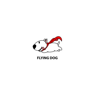Uçan köpek, kırmızı pelerin simgesi, logo tasarımı, vektör çizim komik bull terrier