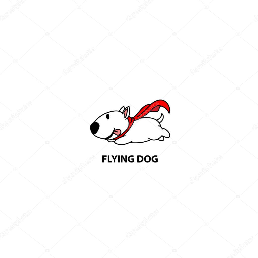 Flying dog, funny bull terrier with red cape icon, logo design, vector illustration