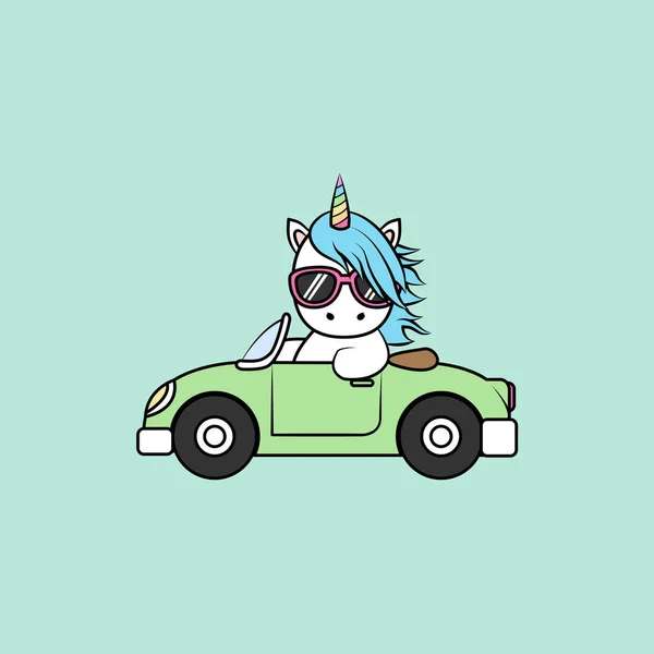 車漫画 ベクトル図を運転サングラスかわいいユニコーン — ストックベクタ