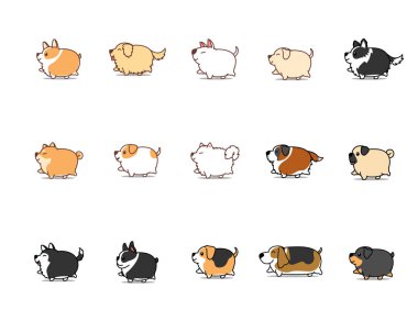 Yağ köpek karikatür simge seti, vektör illüstrasyon yürüyüş