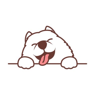 Sevimli samoed köpek pençeleri duvarın üzerinde, köpek suratlı çizgi film ikonu, vektör illüstrasyonu