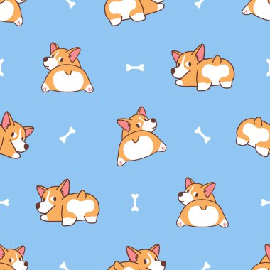 Cute corgi butt, welsh corgi dog looking back seamless pattern, vector illustration