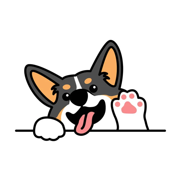 Cute Welsh Corgi Tricolor Dog Waving Paw Cartoon Vector Illustration — Stock Vector
