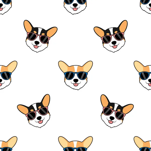 Cute Corgi Face Sunglass Cartoon Seamless Pattern Vector Illustration — 스톡 벡터