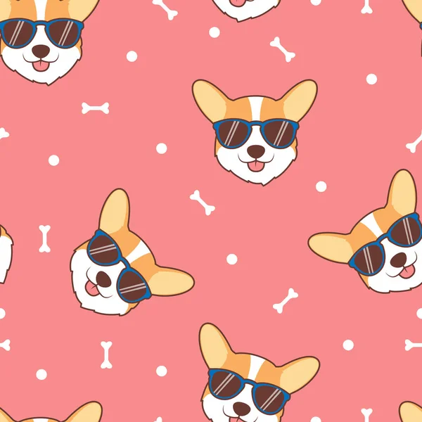 Cute Corgi Face Sunglass Cartoon Seamless Pattern Vector Illustration — 스톡 벡터