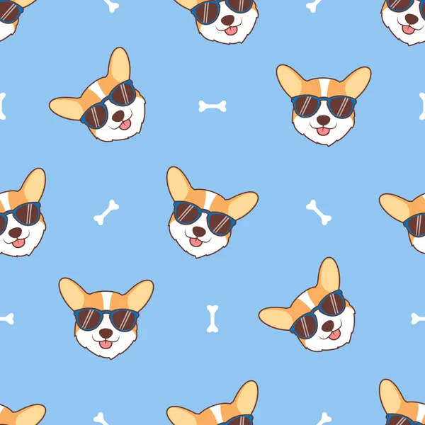 Cute Corgi Face Sunglass Cartoon Seamless Pattern Vector Illustration — 스톡 벡터