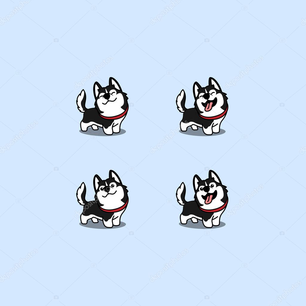 Cute siberian husky dog cartoon set, vector illustration