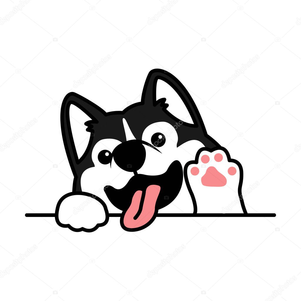 Cute siberian husky dog waving paw cartoon, vector illustration