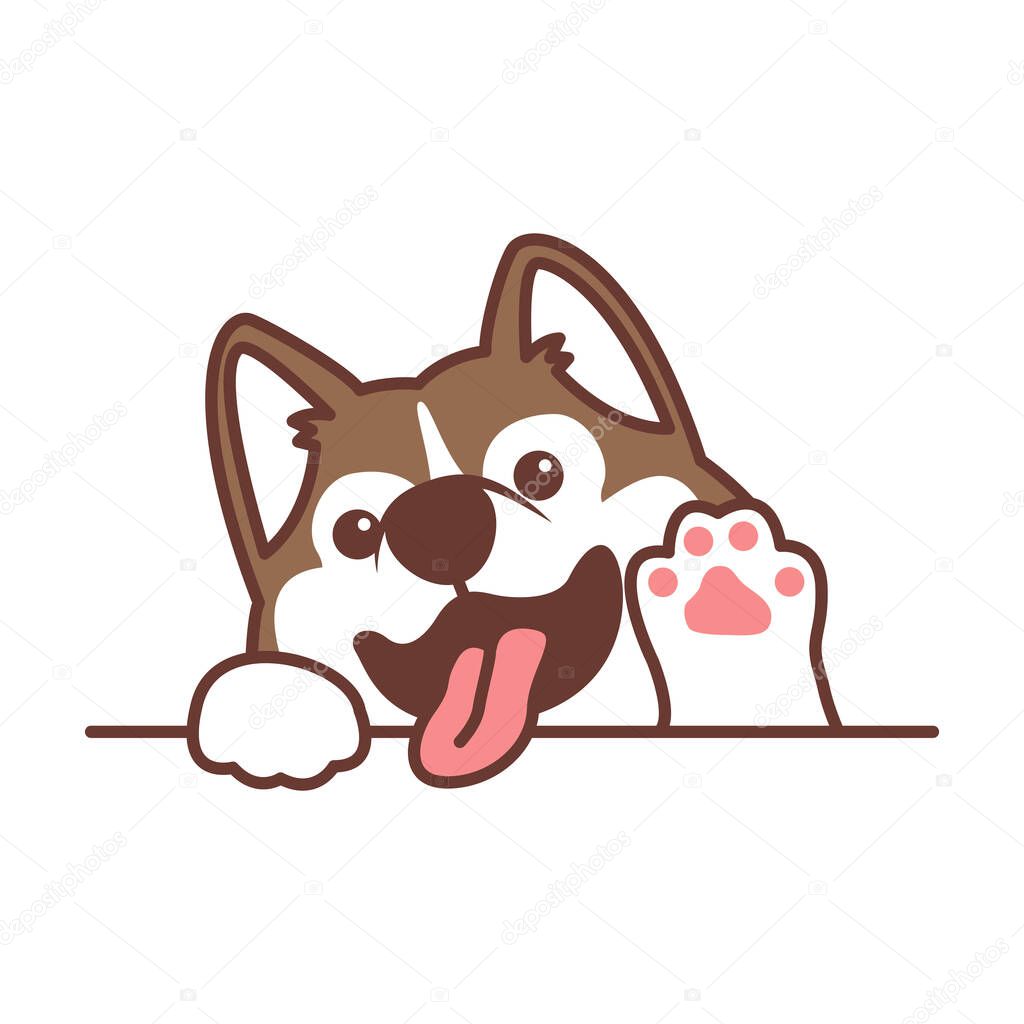 Cute siberian husky dog waving paw cartoon, vector illustration