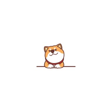 Şirin shiba inu köpek duvar karikatürüne gülümsüyor, vektör illüstrasyonu