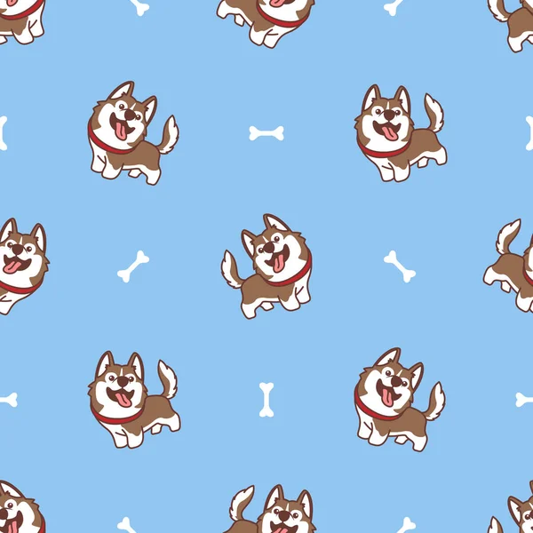 Cute Brown Siberian Husky Cartoon Seamless Pattern Vector Illustration — 스톡 벡터