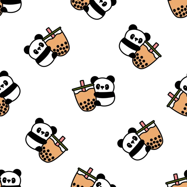 Niedlichen Panda Liebt Bubble Tea Cartoon Nahtlose Muster Vektor Illustration Stockillustration