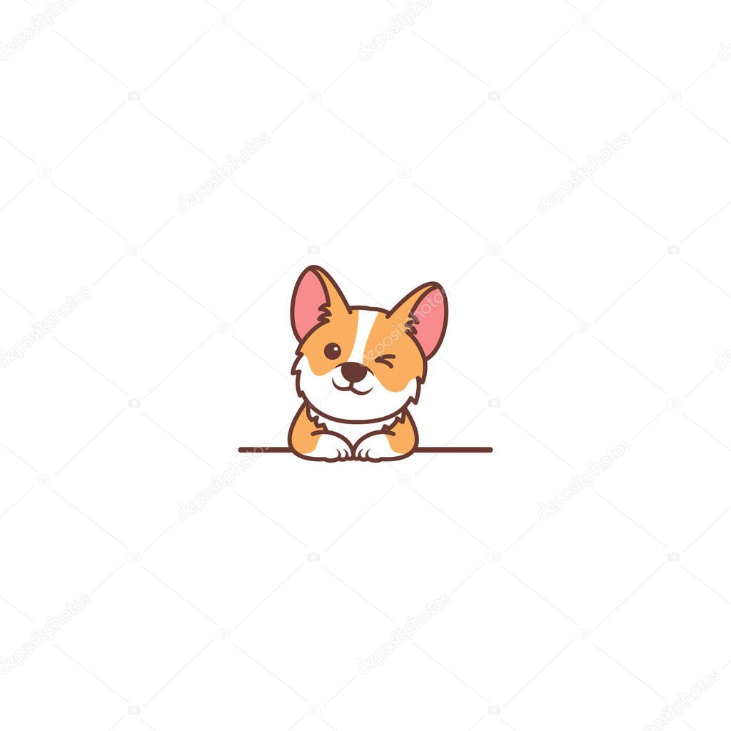 Cute corgi dog winking eye over wall cartoon, vector illustration