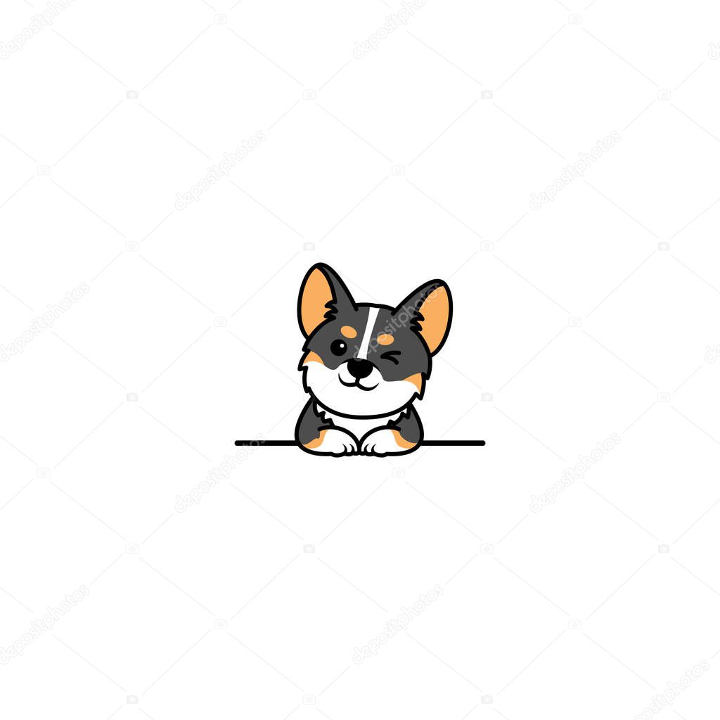 Cute corgi tricolor puppy winking eye over wall cartoon, vector illustration