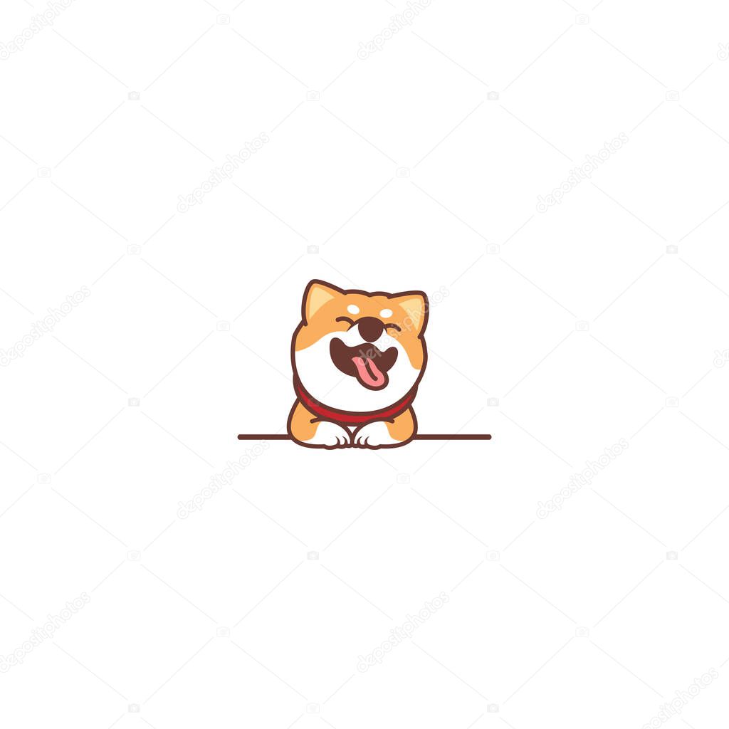Funny shiba inu dog smiling over wall cartoon, vector illustration