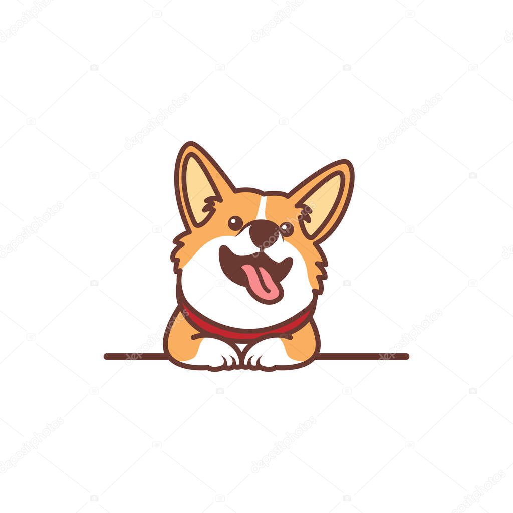 Funny welsh corgi dog smiling over wall cartoon, vector illustration
