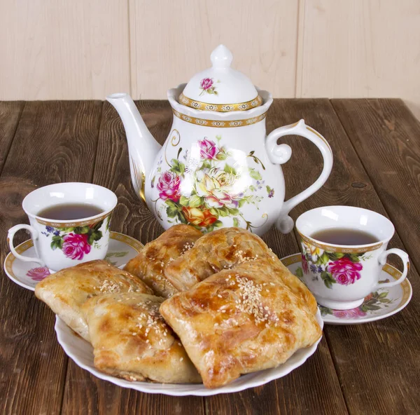 Uzbek Samsa Homemade Tea — Stock Photo, Image