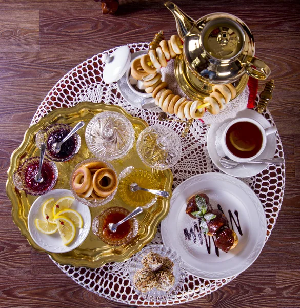 Russian Tea Drinking Samovar Jam Bagels Shelves — Stock Photo, Image