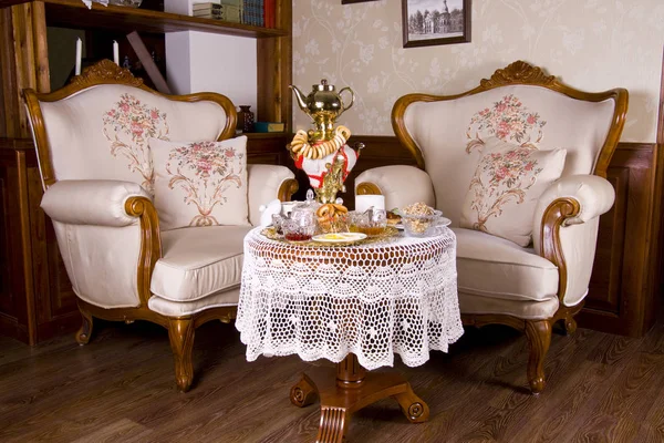 Русский Чай Самовара Джемом Бубликами Полками — стоковое фото