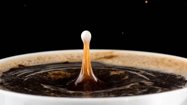 Coffee with cream, splash from a drop of milk on the surface of coffee on a black background