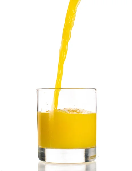 Pouring Orange Juice Transparent Glass White Background — Stock Photo, Image