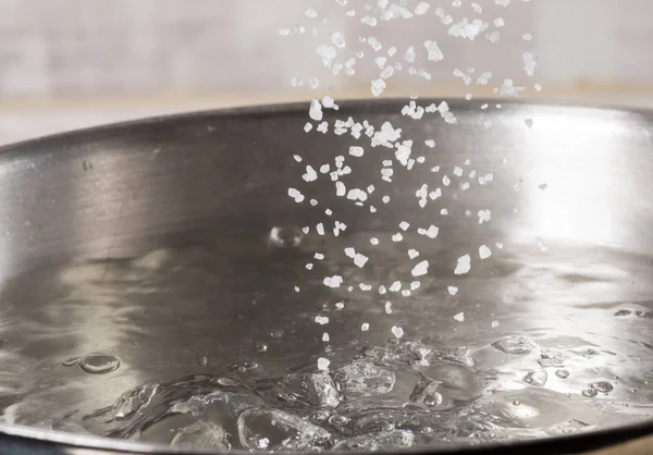 Add Salt Boiling Water Metal Pan Close — Stock Photo, Image