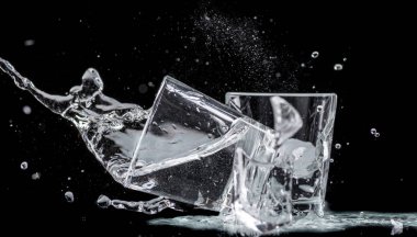 siyah bir arka planda küçük gözlük ve dökülme su düşüyor